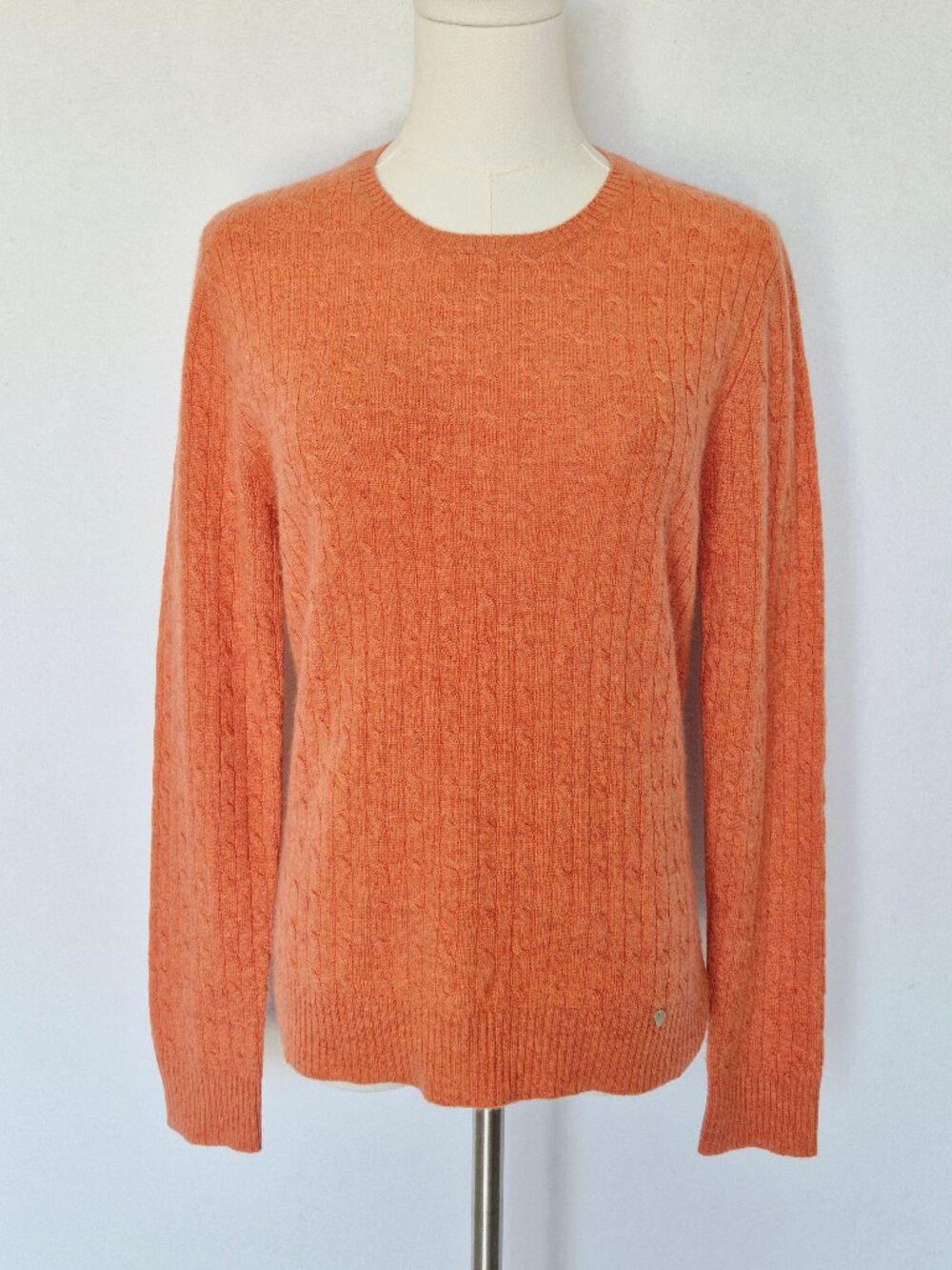 Tweeds 100% 2-Ply Cashmere Cable Knit Crew Neck Sweater Pullover Orange